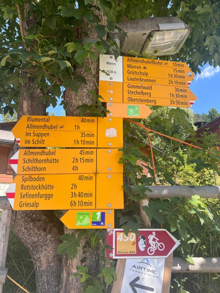 Green North Face Trail markers showing the hiking route in Mürren