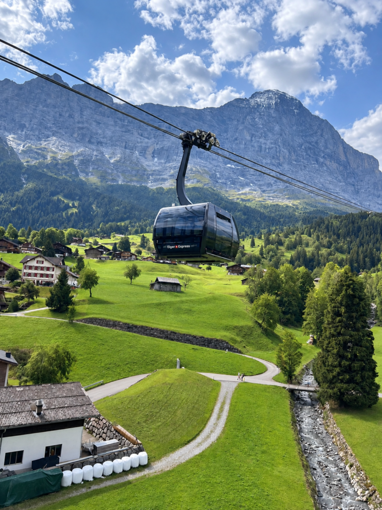Eiger Express gondola above Grindelwald on the way to Eigergletscher